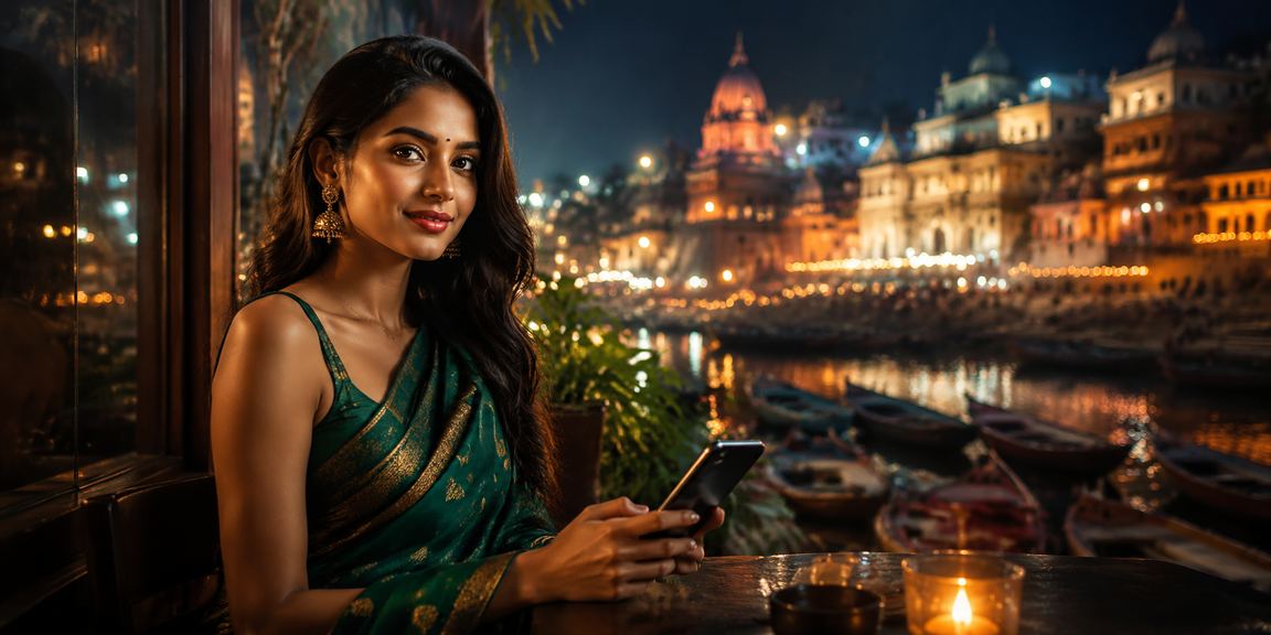 Varanasi ghats with mobile payment and traditional attire